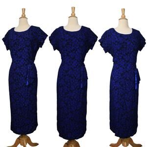 Vintage 40s VOLUP Cobalt Blue Black Brocade Floral Satin Hip Swag Midi Dress